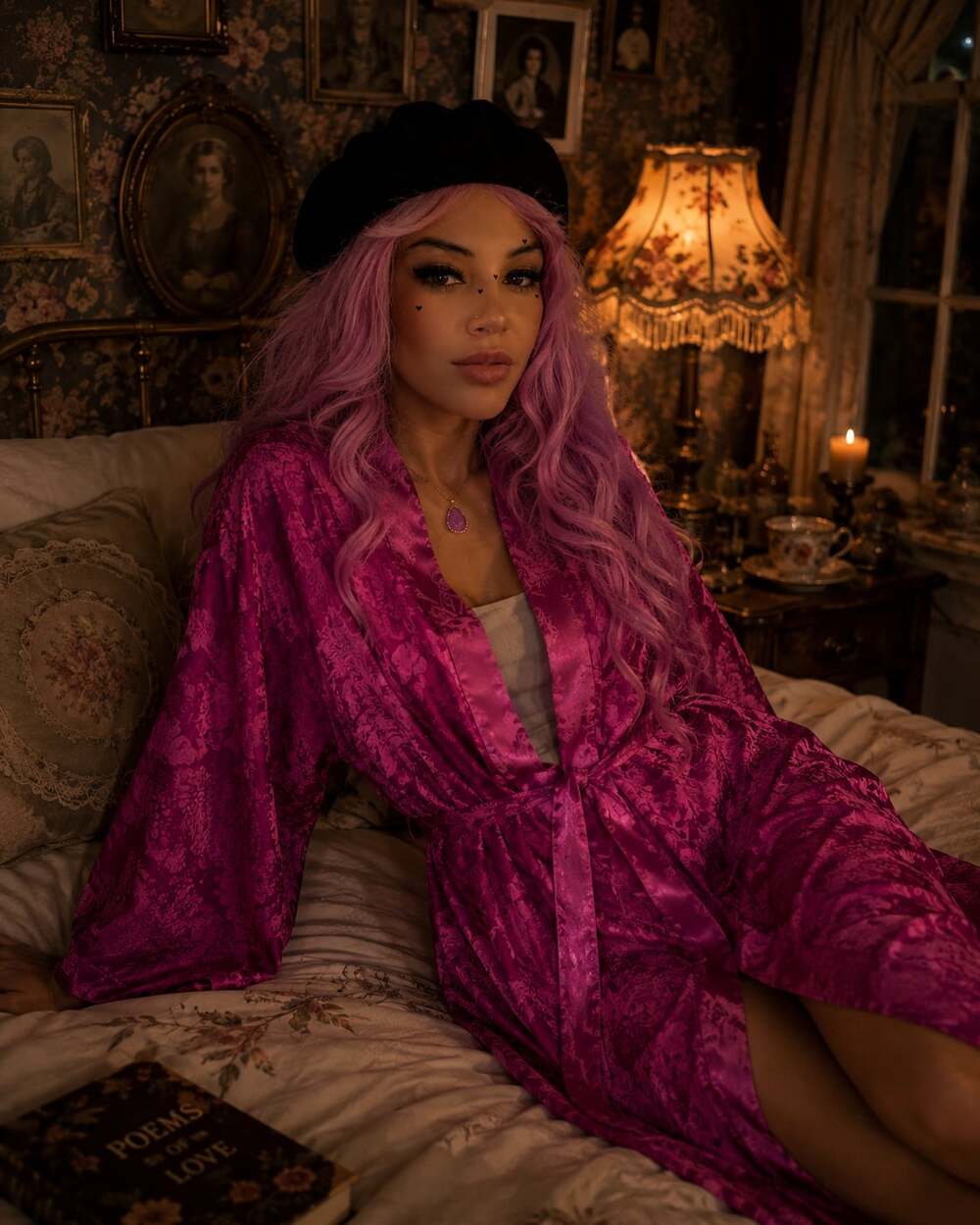 Inner Most Vintage Hot Pink Floral Jacquard Satin Robe Sz.L